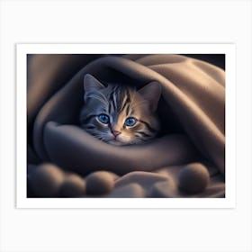 A Kitten Curled Up In A Cozy Blanket Art Print