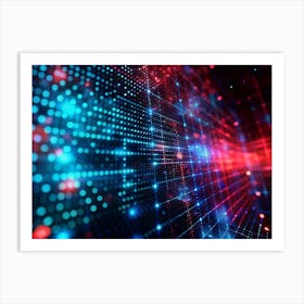 An Abstract Background With Glowing Blue And Red Dots Arranged In A Grid Pattern, With Streaks Of Light And A Bokeh Effect Art Print