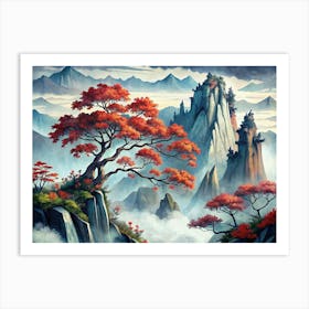 Misty Mountain Landscape With Red Trees Art Print