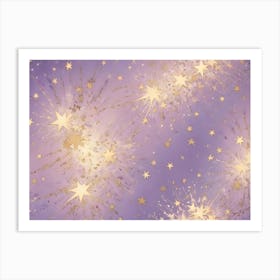 Purple Background With Golden Stars Of Different Sizes, Some Bursting With Light, Creating A Festive And Magical Atmosphere Art Print