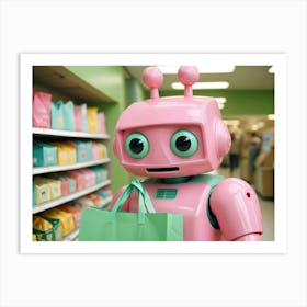 A Pink Robot Holding A Green Shopping Bag In A Supermarket Aisle Art Print