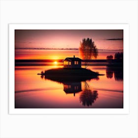 House On A Lake At Sunset Art Print