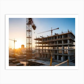 Construction Site With Cranes And A Building Under Construction At Sunrise, With A City Skyline In The Background 2 Art Print