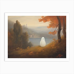 Cute Ghost Autumn Fall Castle Landscape, Halloween Spooky 4 Art Print
