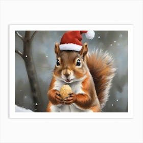 Squirrel In Santa Hat Art Print