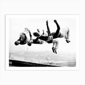 Backflipping on Roof, Back and White Vintage Old Photo Art Print