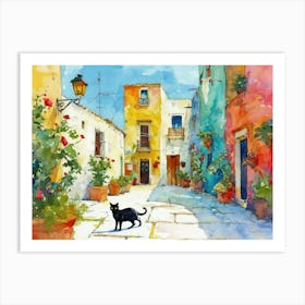 Brindisi   Black Cat In Street Art Watercolour Painting 1 Art Print