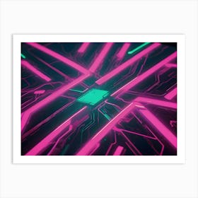 Abstract Image Of A Futuristic Circuit Board With Glowing Pink Lines And A Green Central Element, Creating A Sense Of Technology And Innovation Art Print