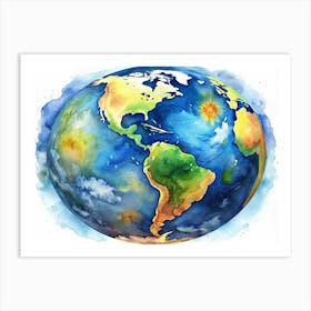 Watercolor Globe Of Earth With Continents Art Print