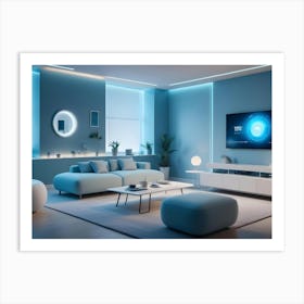 A Modern Living Room Interior With A Blue Sofa, A Coffee Table, And A Large Tv Screen Displaying A Smart Home Interface Art Print