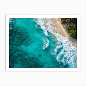 Aerial View Capturing A Single Surfer Carving Through The Azure Waves Silhouetted Against The Cryst (6) Art Print