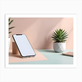 A Mockup Of A Smartphone With A Blank White Screen, Set On A Pastel Colored Surface With Two Potted Succulent Plants Art Print