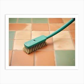 Close Up Of A Green Cleaning Brush With Brown Bristles, Resting On A Patterned Tiled Floor Art Print