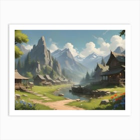 A Peaceful, Idyllic Landscape With A Village Nestled In A Valley Art Print