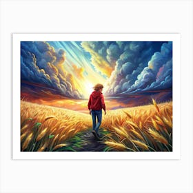 Man Walking In A Wheat Field With Dramatic Sky Art Print