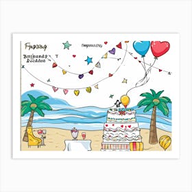 An Illustrated Idea Of A Birthday Party On The Beach Cartoon Valentine Balloons Hand Drawn Vector (6) Art Print