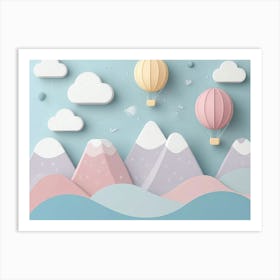 Hand Drawn Childish Art With Mountains, Balloons And Clouds 4 Art Print