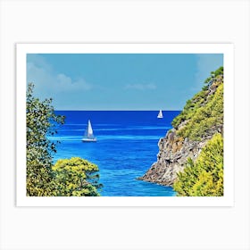 Serene Seascape Escape. The image depicts a tranquil coastal scene featuring a small, lush island surrounded by clear blue waters. Several boats are anchored nearby, and a person is seen riding a jet ski, leaving a trail of white foam behind. The sky is clear, enhancing the vibrant blue hues of the sea and sky, creating a picturesque and serene atmosphere. Art Print