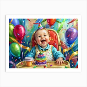 Baby Celebrating First Birthday With Cake And Balloons Art Print