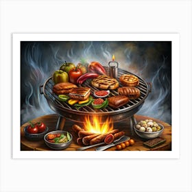 Outdoor Bbq Grill With Food And Flames Art Print