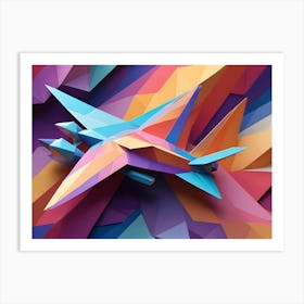 Low Poly Airplane In Shades Of Blue, Orange, And Pink Against A Colorful, Geometric Background Art Print