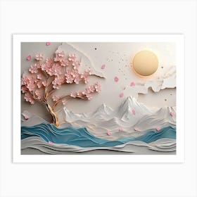 Modern Sakura Tree And Mountain 3d Art Print