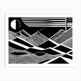 Retro Inspired Linocut Abstract Shapes Black And White Colors art, 223 Art Print