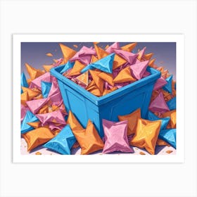 A Blue Container Overflowing With Bags Of Chips In Shades Of Orange And Pink, Creating A Colorful And Chaotic Scene Art Print