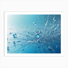 Water Droplets Splashing And Creating A Crown Like Effect On A Blue Surface With A Soft Light Art Print