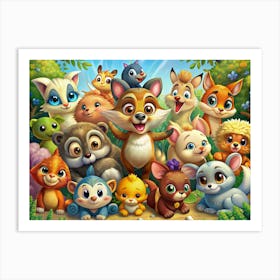 Group Of Cute Cartoon Animals In A Forest Art Print