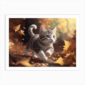 A Kitten Chasing Swirling Leaves In The Wind Art Print