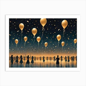 A Joyful Scene Of A Large Crowd Of Silhouettes Dancing And Celebrating In The Night Sky With Golden Balloons And Confetti Art Print