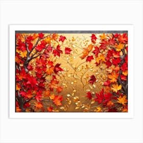 Bright Botanical Art Featuring Fall Foliage Vibrant Red Orange And Neon Colors Framing A Golden M (2) Art Print