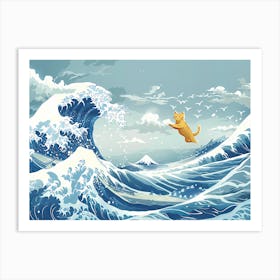 Great Wave And Jumping Cat 1 Art Print