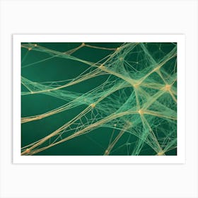 An Abstract Image Of A Delicate, Yellow, Web Like Structure Against A Dark Green Background Art Print