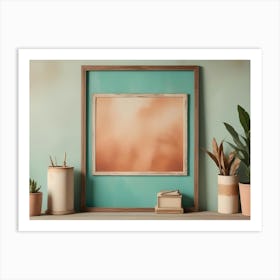 A Picture Frame With A Blurred Orange Background Image, Placed On A Wooden Shelf With Plants And Decorations Art Print