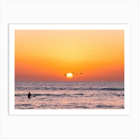 Surfer And Seagulls At Sunset Art Print