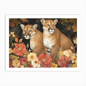 Floral Animal Illustration Mountain Lion 1 Art Print