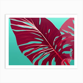 Burgundy Tropical Leaf against a see blue background, 1294 Art Print