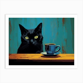 Black Cat With Cup Of Coffee Art Print