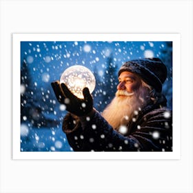 A Snowy Holiday Evening Time Scene Featuring A Man Holding A Luminous Orb That Glimmers With Encapsu (1) Art Print