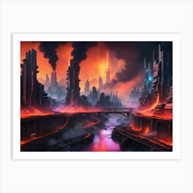 Cyberpunk city with lava and river 6 Art Print