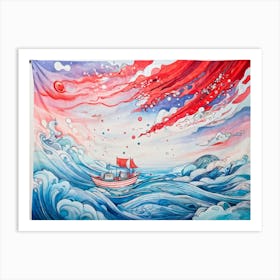 Hand Drawn Boat With Brush Strokes Set Against A Surreal Sea Where Waves Ripple Like A Dream Curtai Art Print