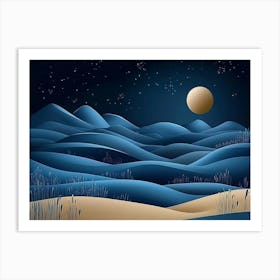 Abstract Sand Dunes Landscape With Moon At Night 5 Affiche