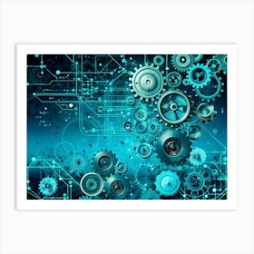 Interlocking Gears Of Varying Sizes Set Against A Blue Background With Circuit Board Patterns And Glowing Lines, Symbolizing Technological Interconnectedness Art Print