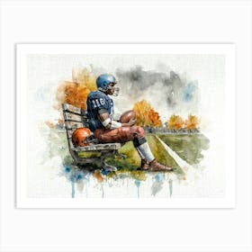 Football Player Sitting On Bench Watercolor Art Print