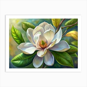 White Magnolia Flower With Green Leaves Art Print