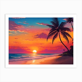 A Tranquil Beach At Sunset Horizontal Illustration 29 Art Print