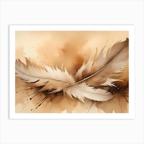 Two Delicate, Beige Feathers With Soft, Overlapping Layers Are Placed Against A Watercolor Style Background Of Brown And Beige Splatters Art Print