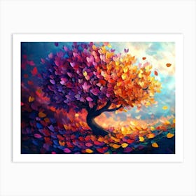 3d Abstract Artwork, A Tree Surrounded by Many Colorful Leaves Art Print